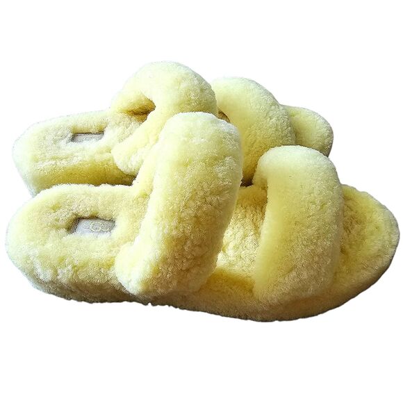 UGG Oh Yeah Fluff Slide Slippers Yellow Sheepskin Double Strap US 9 - Picture 1 of 7